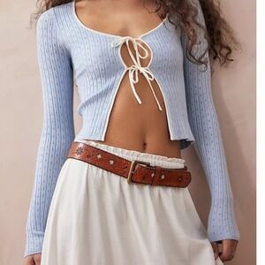 Sincerely Jules Pointelle Tie Front Cardigan Light Blue Y2K Soft Girl Size XS